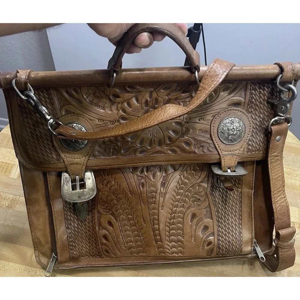 Vintage American West Tooled Leather Briefcase Messenger Laptop Bag Brown USA